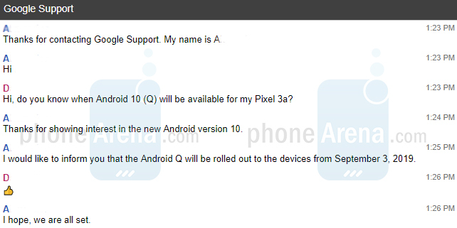 Android 10 confirmado ao Phone Arena por um funcionário do suporte da Google