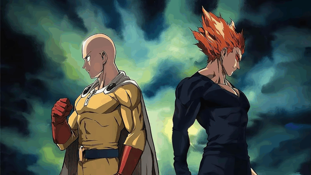 Saitama e Garou de costas um para o outro, em arte promocional da 3ª temporada de One-Punch Man, antecipando o grande confronto do arco da Associação de Monstros.