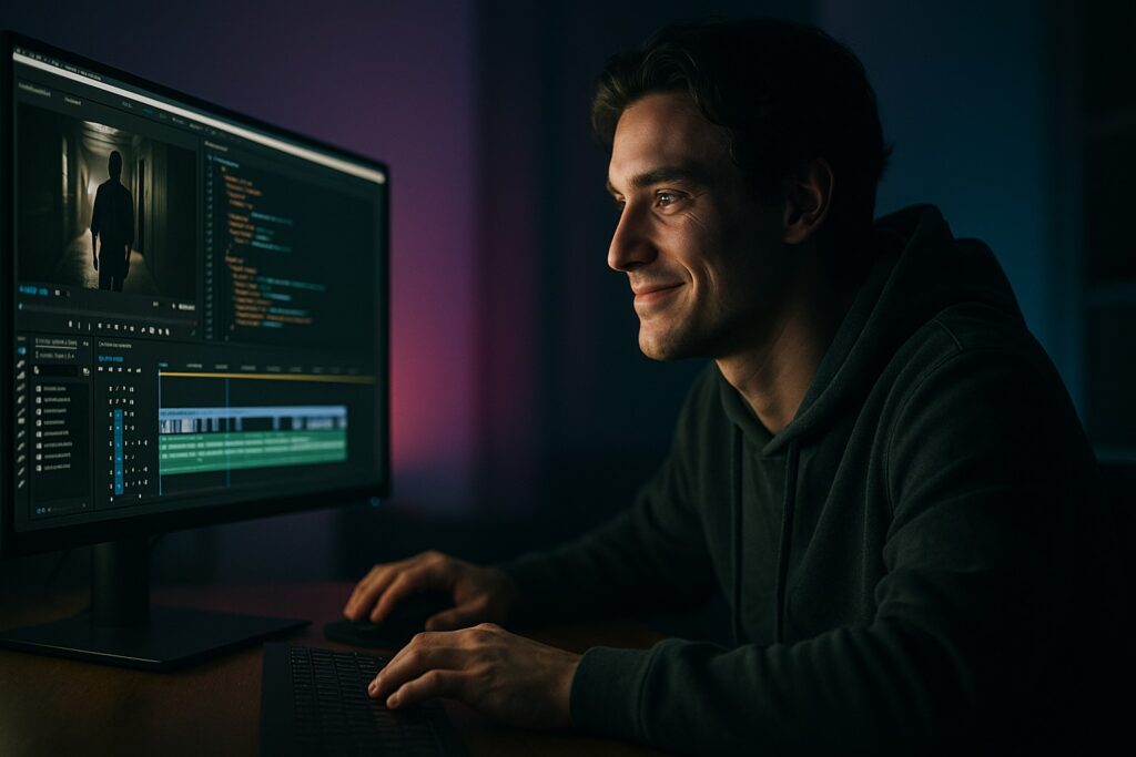 Jovem editor de vídeo trabalhando em um projeto com ChatGPT e código .json exibidos lado a lado na tela do computador à noite.