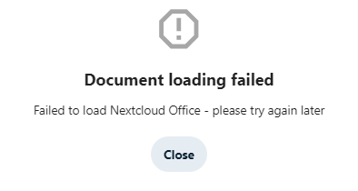 Captura de tela do erro no Nextcloud: "Document loading failed. Failed to load Nextcloud Office - please try again later."