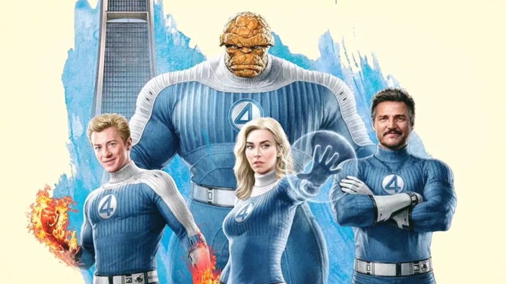 Quarteto Fantástico em seus novos uniformes azuis, com Reed Richards (Pedro Pascal), Sue Storm (Vanessa Kirby), Johnny Storm (Joseph Quinn) e Ben Grimm/Coisa (Ebon Moss-Bachrach), com um prédio ao fundo.