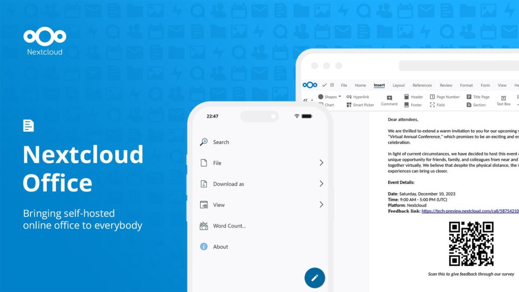 Imagem promocional do Nextcloud Office, mostrando a interface de edição de documentos online dentro do Nextcloud e o logo do produto em um fundo azul.