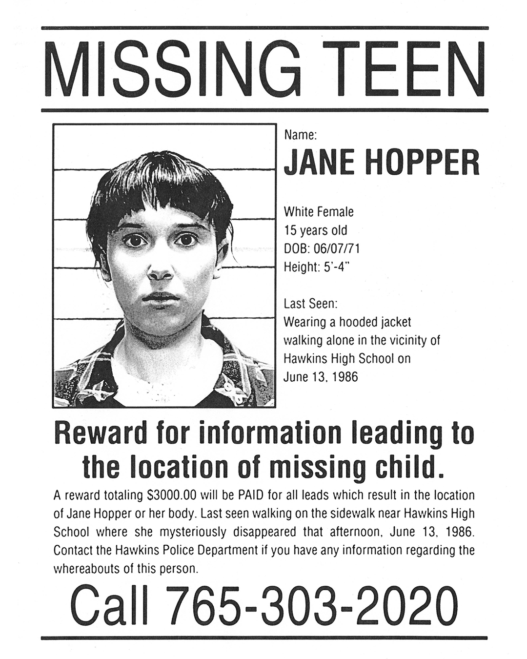 Cartaz oficial de "Adolescente Desaparecida" para Jane Hopper (Eleven), parte da campanha de marketing de Stranger Things 5.