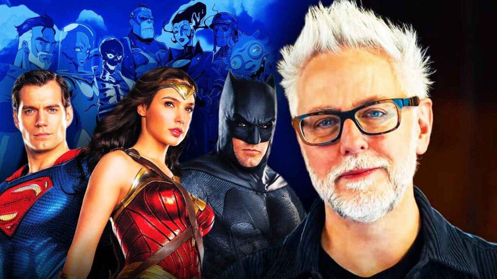 Montagem com James Gunn à frente; ao fundo, Superman, Mulher-Maravilha e Batman do DCEU de um lado e os personagens de Creature Commandos do outro, representando a transição do DCU.