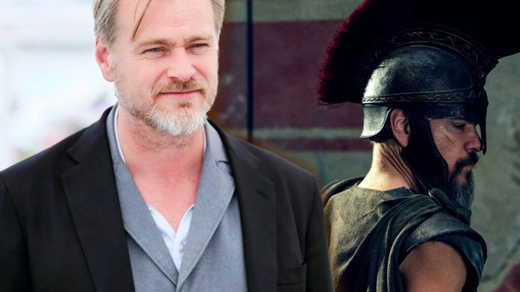 Montagem com o diretor Christopher Nolan à esquerda e uma representação de Matt Damon como o herói grego Odisseu, de capacete, à direita.