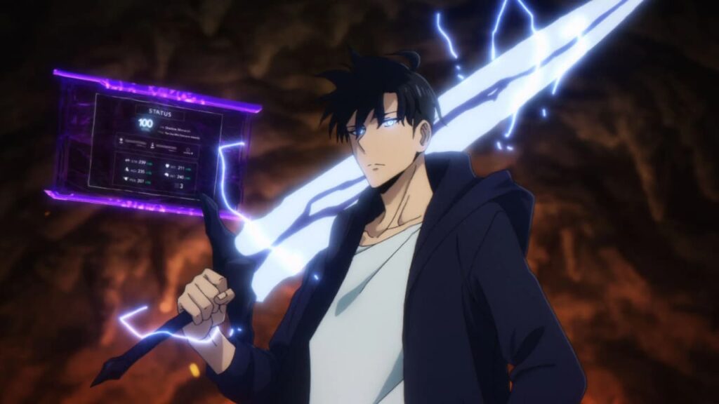 Sung Jin-woo, protagonista de Solo Leveling, atinge o nível 100 em sua tela de status enquanto segura uma espada de energia em uma dungeon, representando sua evolução na segunda temporada.