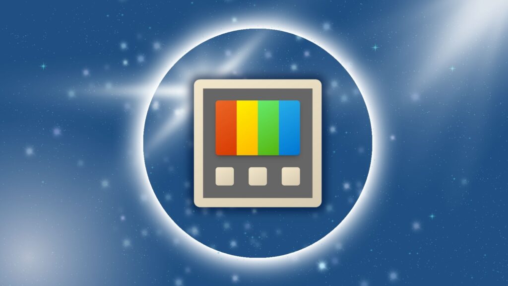 Logo oficial do Microsoft PowerToys sobre um fundo espacial estilizado, representando as funcionalidades avançadas do utilitário para Windows.
