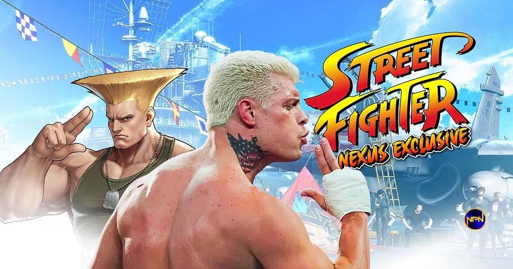 Montagem do lutador Cody Rhodes como o personagem Guile do filme de Street Fighter, com a arte do personagem e seu clássico cenário do porta-aviões ao fundo.