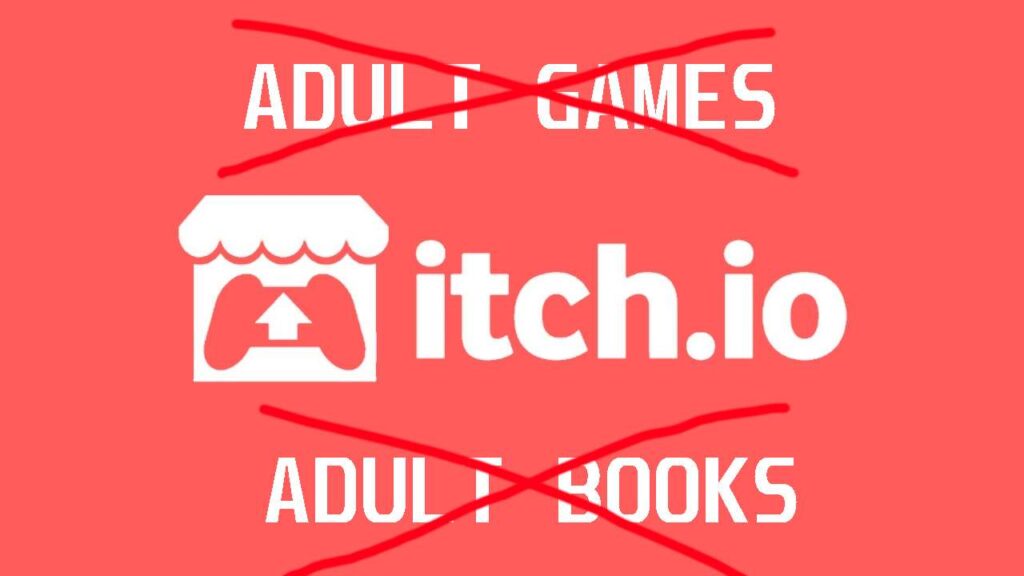 Logo do itch.io com os textos 'Adult Games' e 'Adult Books' riscados, ilustrando a remoção de conteúdo adulto da plataforma.