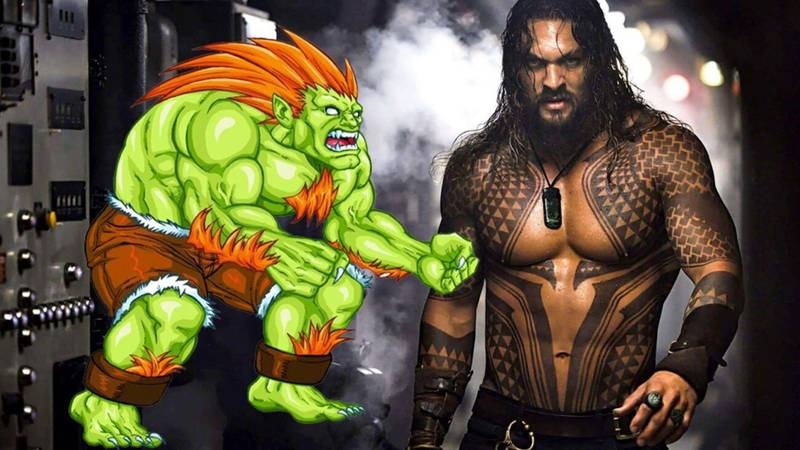 Montagem do ator Jason Momoa no papel de Aquaman ao lado do personagem Blanka, a fera brasileira de Street Fighter que ele interpretará no cinema.