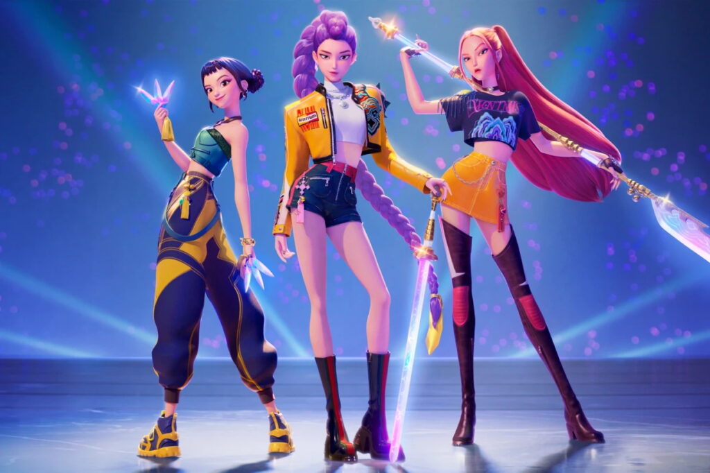 Três integrantes do grupo animado K-Pop: Caçadoras de Demônios posam com suas armas de energia.