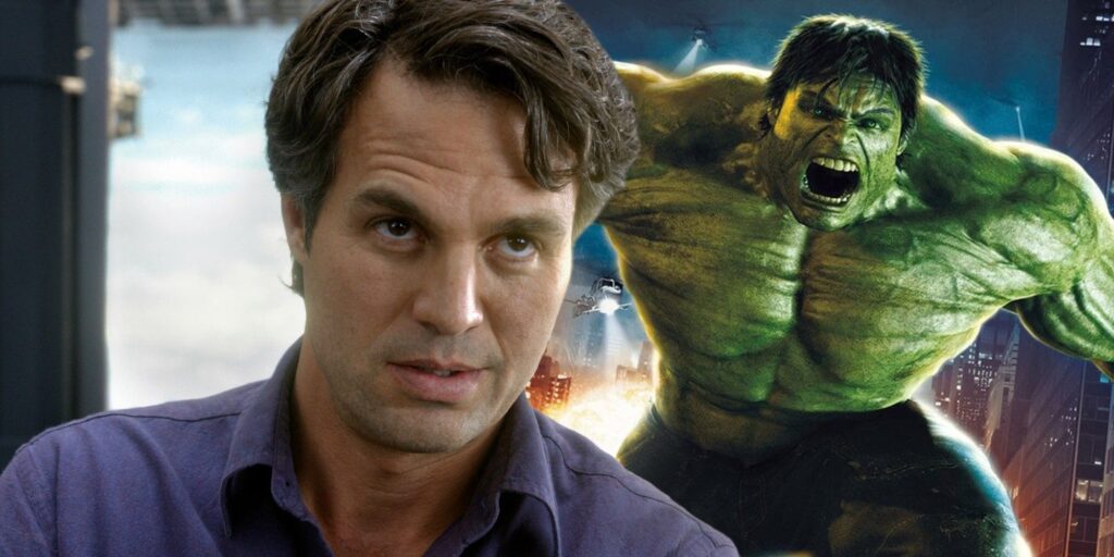 Montagem de Mark Ruffalo como Bruce Banner no lado esquerdo e o Incrível Hulk em fúria no lado direito, com uma cidade ao fundo, ilustrando sua participação em Homem-Aranha 4.