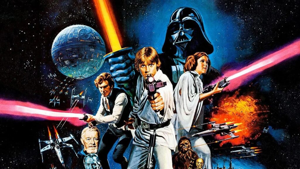 Pôster icônico de Star Wars: Uma Nova Esperança, mostrando os heróis Luke Skywalker, Princesa Leia e Han Solo, com o vilão Darth Vader e a Estrela da Morte ao fundo.