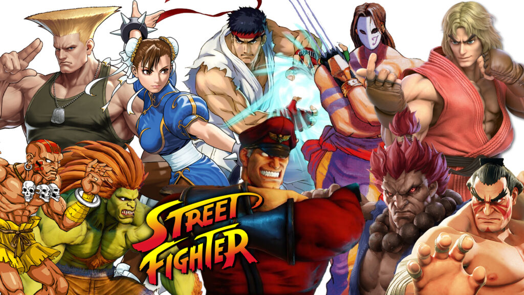 Montagem com vários personagens icônicos do jogo Street Fighter, como Ryu, Chun-Li, Guile, M. Bison e Blanka, com o logo do jogo ao centro.
