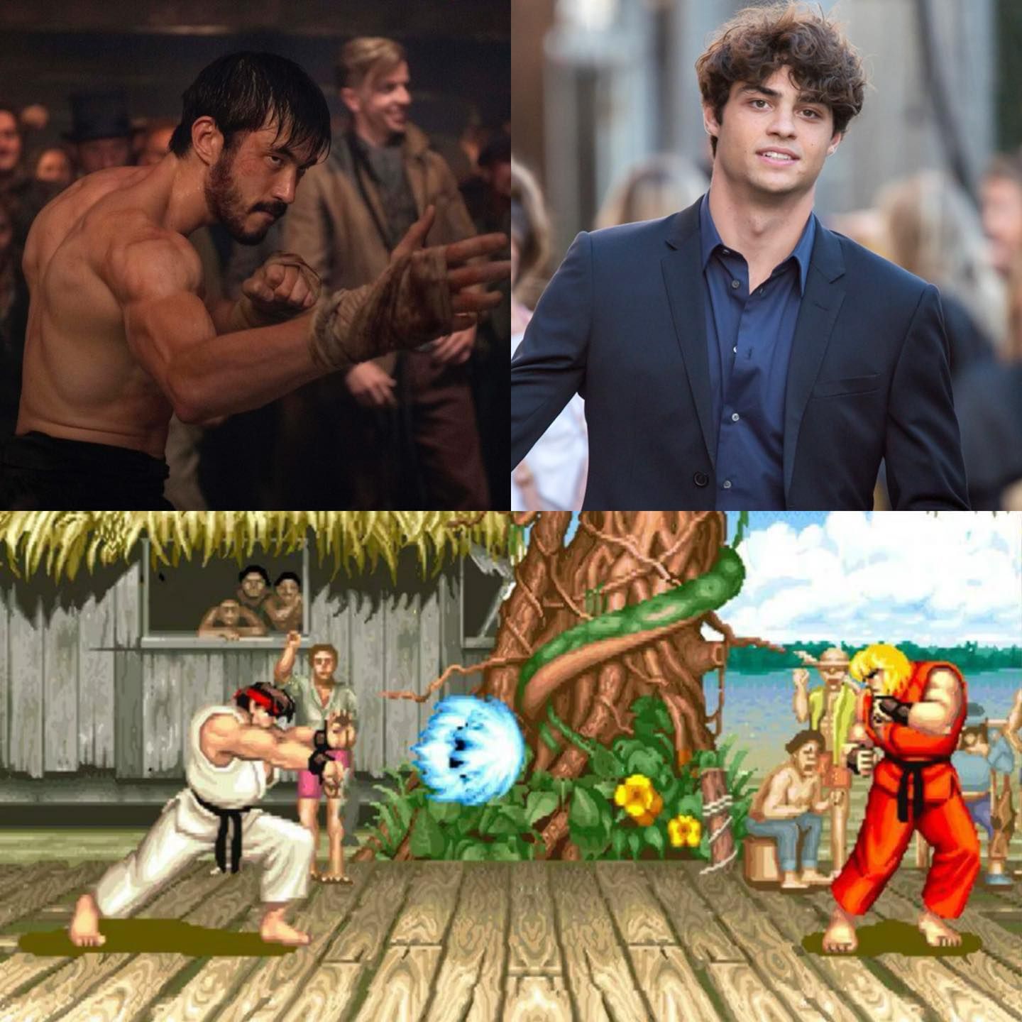 Montagem comparando os atores Andrew Koji e Noah Centineo com seus personagens no filme de Street Fighter, Ryu e Ken, mostrados em uma cena clássica do game.